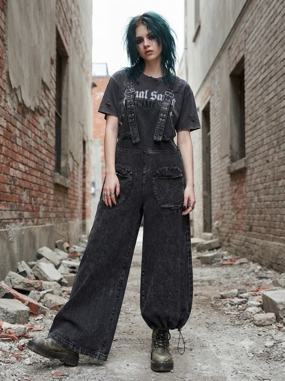 Washed Black Grunge Goth Wide-Leg Denim Overalls with adjustable Straps